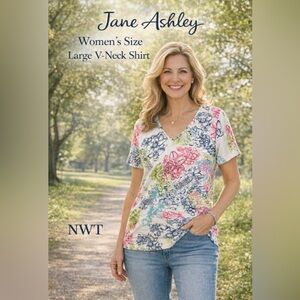NWT Jane Ashley Floral V-Neck Top - Pink, Blue, Green
